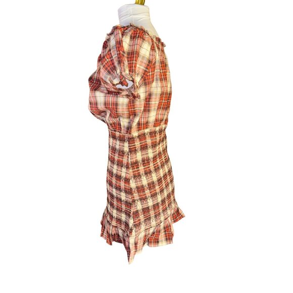 Red Plaid Smocked Mini Dress Ruffle Hem & Short Sleeves By Perfectly Priscilla - Picture 8 of 9